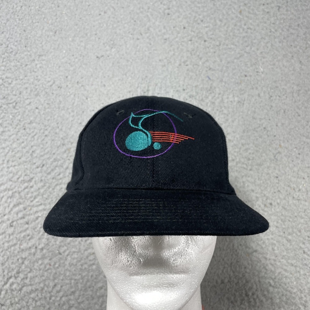 Vintage KC Hat Cap Snap Back One Size Mens Black Abstract Embroidered 90s